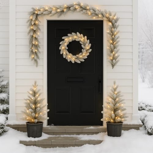 Marco Paul Luxury Light Up Outdoor Christmas Decorations Sets - Pre-Lit LED Xmas Wreath, Garland and 2 Mini Xmas Trees - Battery Operated Christmas Door Decorations (Frosted Set)