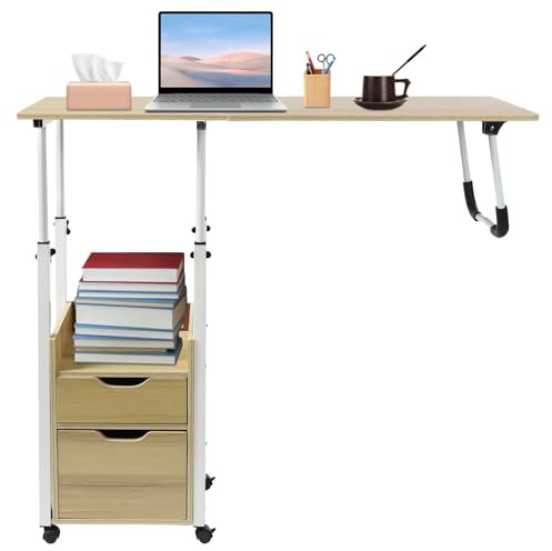 RjcdOPL Comodino a rotelle con piano pieghevole, cassetti e ampio vano, comodino altezza regolabile, carico 20 kg, tavolino per letto, camera da letto e soggiorno (legno chiaro)
