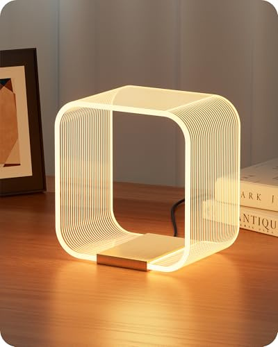 EDISHINE LED Nachttischlampe Dimmbar, Acryl & Aluminium, Gold | Moderne Tischlampe mit versteckter Lichtquelle & Lasergravur, 3 Farbtemperaturen, für Schlafzimmer und Wohnzimmer
