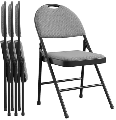 Klappstuhl 4er-Set, Leinenstoff Gepolstert Für Sitz Und Rücken, Stapelbarer Metall-Klappsessel, Gartenstuhl & Gästestuhl Für Veranstaltung Büro Wohnzimmer Esszimmer Balkon, Bis 160 kg, Schwarz-Grau