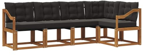 HETFTJN Outdoor-Sofagarnitur, Gartensofa Lounge-Set aus Akazienholz und Textilene, 5-teilige Sitzgruppe für Terrasse und Garten, Naturbraun und Schwarz, 245 x 126,5 x 73 cm
