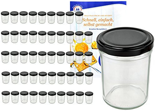 MamboCat Set di 50 vasetti da 230 ml, con coperchio alto, colore nero To 66, incluso libro di ricette per gelificante, barattoli per marmellata, barattoli per conserve, barattoli per conserve