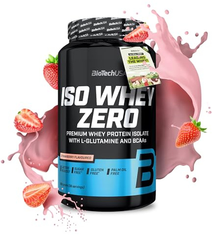 BioTechUSA Iso Whey Zero | Premium Whey Protein Isolate | Grass-Fed | Enzyme-Free | Sugar- and Gluten-free, 908 g, Jordgubb | Med BCAA & glutamin | Laktosreducerad, sockerfri, glutenfri | 21 g protein per portion | 908 g, jordgubbar