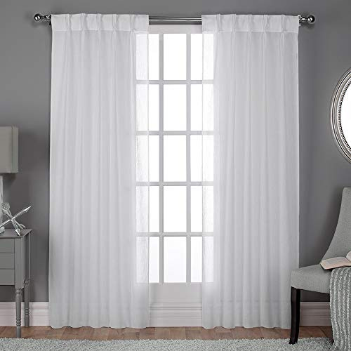 EXCLUSIVE HOME Belgian Textured Linen Look Sheer Pinch Pleat/Hidden Tab Top Curtain Panel Pair, 108 Length, Winter White