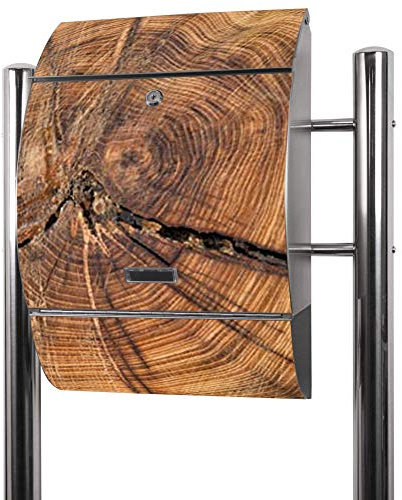 banjado® Standbriefkasten Edelstahl mit Zeitungsfach Motiv Jahresringe/Briefkasten mit Standfuß/Edelstahl Briefkasten freistehend - A4 Einwurf inkl. 2 Schlüssel