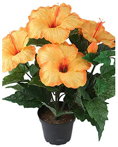 Artificielles.com - Hibiscus artificiel en pot H 38 cm 6 têtes Orange Safran