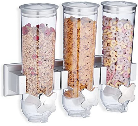 relaxdays 10026443_55 Distributeur de Céréales, Lot de 3, Cornflake, Support Mural, Fruit Sec, Flocon Avoine, HxlxP 32x40x14,5 cm, argenté