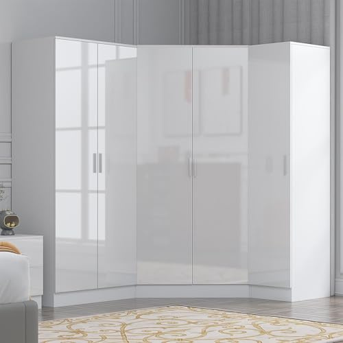 Reflect 3 Piece Wardrobe Bundle | 2 Door Corner + 2 Door Plain + 1 Door Plain | White Gloss & Matt White Finish | H: 180cm x W: 217cm x D: 103cm | Modern Bedroom Furniture Storage Solution