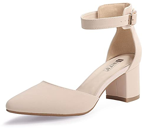 IDIFU Women's IN2 Pedazo Dress Shoes Low Block Heels Comfortable Chunky Closed Toe Ankle Strap Wedding Pumps (Nude Nubuck, 8.5 M US)