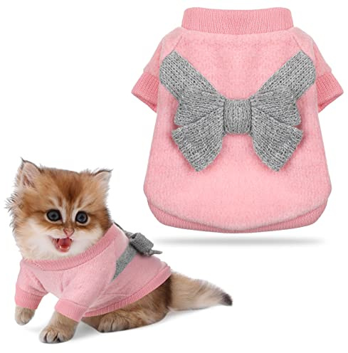 Pulls de Chien d'hiver Chauds Mignons Pull de Chat avec Nœud Petit Pull-Over de Chien Manteau de Chiot Tricoté Pulls de Chat en Tricot pour Chihuahua Yorkshire Noël Vêtements (Rose, Gris)