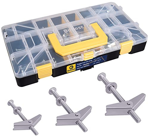Bonost 48 Sets Toggle Bolts - 1/4 3/16 1/8 Inch Butterfly Toggle Anchors for Drywall - Toggle Bolt Assortment Kit with Matching Wing Nuts, Hex Nuts, Washers