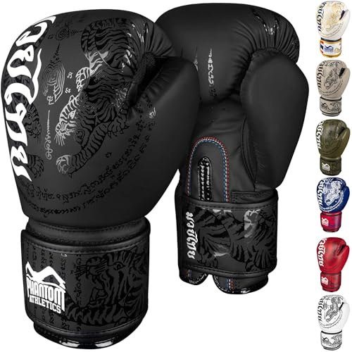 Guantes de boxeo Phantom Athletics para hombres - Muay Thai | MMA y Kickboxing | Guantes de boxeo de 10-16oz para artes marciales | Guantes de boxeo para hombres, mujeres y niños (Muay Thai - Negro
