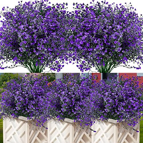 Jusvenmt Artificial Flowers Outdoor, 12 Bundles Artificial Shrubs Bushes Fake Plants UV Resistant Faux Plastic Flowers for Outside Garden Porch Hanging Baskets Window Box Decoration, Purple