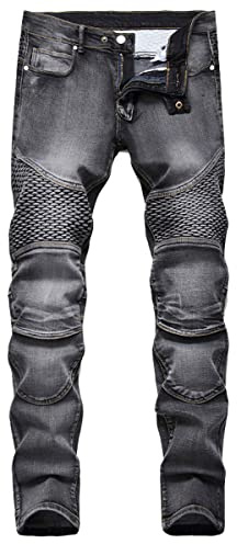 Oanviso Jeans Plissettati da Uomo Strappati Pantaloni da Denim Slim Fit Straight Jean da Motociclista Pantaloni Vintage con Bottone e Zip Jeans Hip Hop Jeans Elasticizzati Comodi Jeans A Grigio 3XL