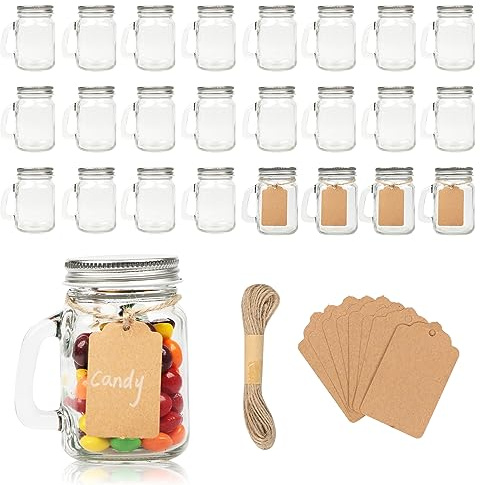 Homelike Style 4 oz Small Mason Jar Mugs with Handle, Mini Glass Jars with Airtight Metal Lids, 24 Pack Empty Glass Mugs with Kraft Paper Gift Tag for Party Wedding Favor