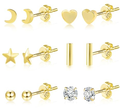 4/6Paar Mehrere Silber 925 Ohrringe Ohrstecker Kleine Set für Damen Mädchen | Silber 925 Ohrstecker Set Kleine Schläfer Knorpel Ohrringe Ohrsteck mit Zirkon Stein Blumen Herz Perlen Stern Mond Ohrsteck