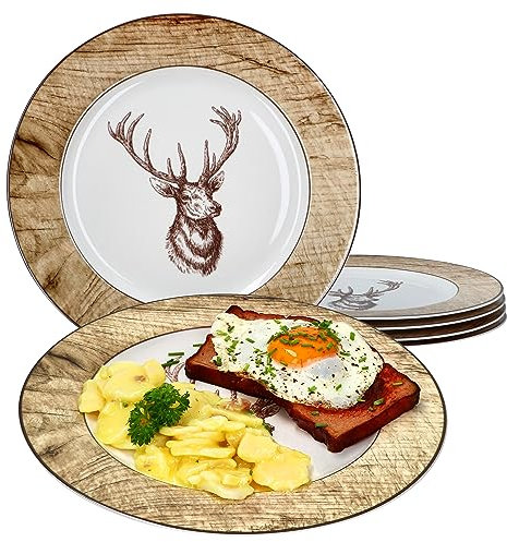 Ritzenhoff & Breker 6er Set Luis weiß Speiseteller I Ø 27 cm I 6 Personen I Essteller mit Hirsch-Dekor I Alternativ als große Platte oder Beilagenteller I Porzellan-Geschirr im Landhaus-Stil