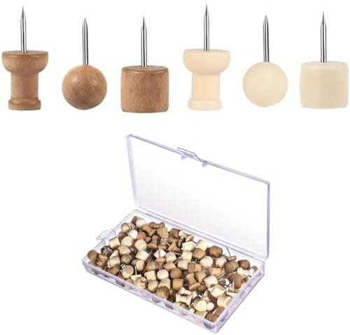 Aililong 150 Stück Pinnadeln Holz für Pinnwand - Reißzwecken Holzkopf Pins mit Aufbewahrungsbox - Pinnwandnadeln für Büro, Schule und Zuhause in 6 Stilen - Handwerksprojekte und Kartenmarkierung