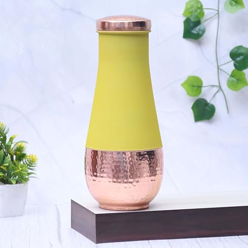 Pure Copper Silk Yellow Tulip Jar with Inbuilt Glass Capacity 1400ML Yellow Copper 4.5 x 4.5 x 10.5 inches