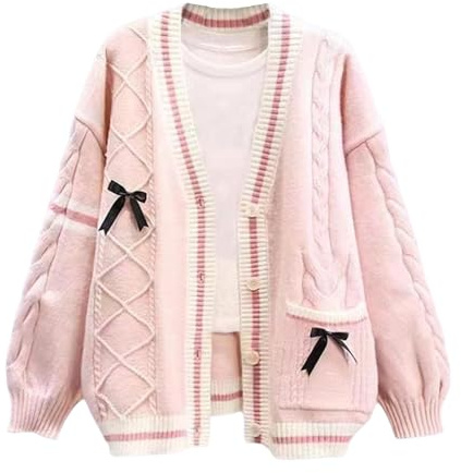 FindThy Kawaii JK skoluniform långärmad knäppt rosett knäppt cardigan, Rosenröd, one size