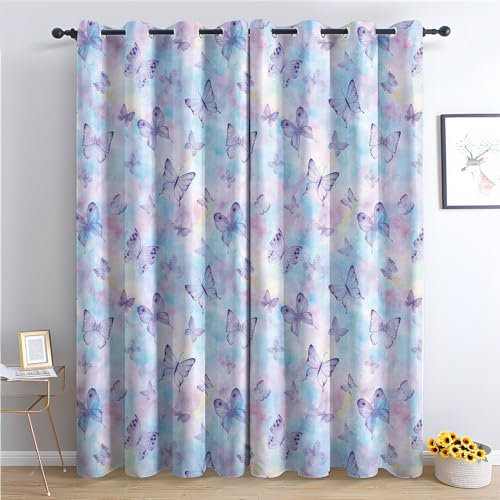 Vorhänge Schmetterling - Mädchen Farbverlauf Fenster Gardinen mit Ösen, Vorhang Blickdicht Verdunklungsvorhänge Thermovorhang für Wohnzimmer Schlafzimmer Deko 2er Set, H 137 x B 117 cm F-#42