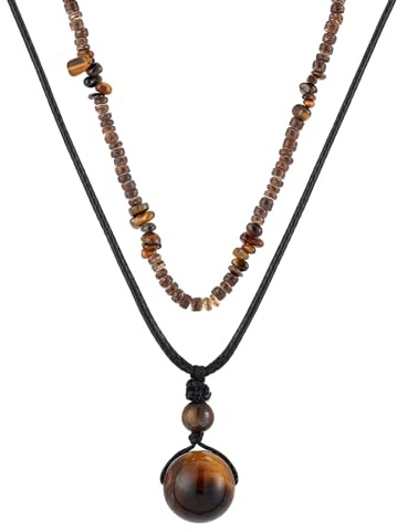 QXFQJT Layered Boho Beaded Necklace for Women Earthy Coconut Shell Wooden Tigers Eye Beads Necklace Summer Beach Hawaiian Surfer Choker Necklace for Men (Tigers Eye Necklace)