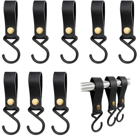 QIANCSJ Gancio a S con passante in pelle, 8 pezzi, in pelle, a S, per appendere, colore nero, multifunzione, per campeggio, cucina, guardaroba, bagno