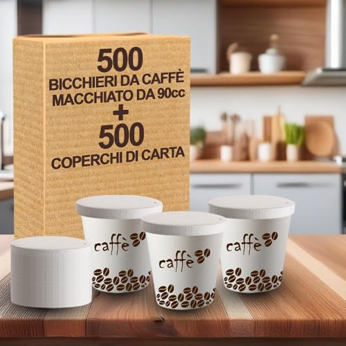 G.M. DISTRIBUZIONE 500 Bicchieri Caffè da 90 ml con Coperchio in Carta – Bicchieri e Coperchi Usa e Getta, Resistenti, Ideali per Bar, Uffici, Distributori Automatici e Asporto Bevande Calde
