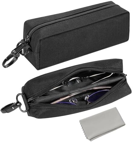 MoKo Brillenetui, Doppeletui für Brillen, Softetui für Sonnenbrillen, Tragbare Reißverschlusstasche mit Gürtelclip, Reiseveranstalter für Sonnenbrillen, Etui für Lesebrillen, Schwarz