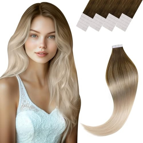 Vivien Tape Extensions Echthaar Balayage Braun Echthaar Extensions Tape in Braun bis Blond Ombre Remy Haarverlängerungen Kurz Gerade 35 cm 50g 20Pcs