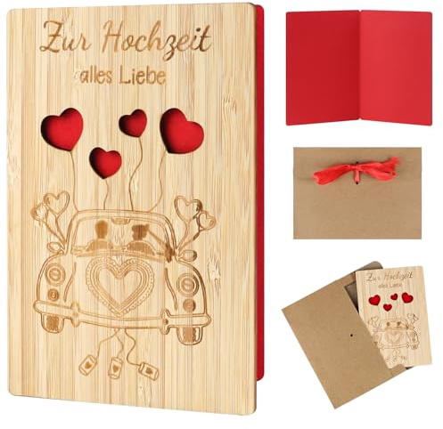 BELLALICHT Hochzeitskarte Holz, Hochzeitskarte Geldgeschenk mit Umschlag, Hochzeitsgeschenke für Brautpaar, Glückwunschkarte Hochzeit,Hochzeit Einladungskarten Jahrestag, Kreative GrußKarte