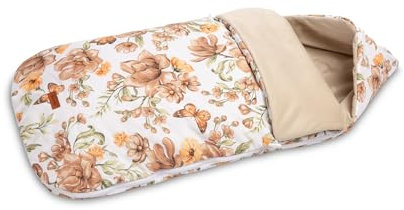 SENSILLO - Fußsack Kinderwagen - Baby Fußsack - für Babywanne und Buggy - für Sommer und Frühling - mit Reißverschluss, Baumwolle und Velvet Stoff, Gurtöffnungen - Blumen Beige