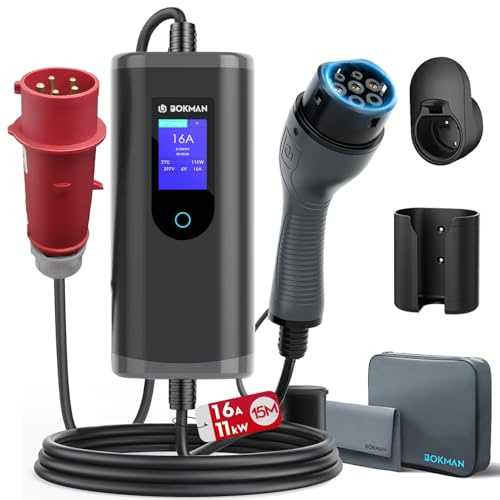 bokman Elektrisk billaddare typ 2- CEE-kontakt (5 stift) bärbar EV-laddare mobil laddningsstation/vägglåda justerbar 6-16A | 11kW | 15 meter, kompatibel med BEV och PHEV