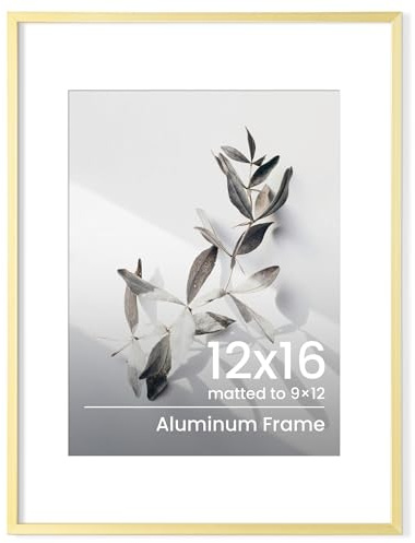 12x16 Picture Frame, Gold Aluminum Photo Frame, 30x40cm Wall Hanging Frame with Mat for 9x12 Photo, Vertical & Horizontal Display Posters, Prints, Certificates, Home and Office Decor