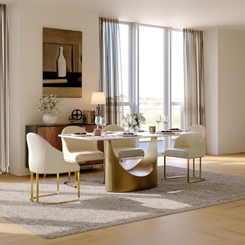 POVISON Esstisch modern 180cm für Esszimmer weiß aus Sinterstein, Marmor Küchentisch Beine aus Bronze Karbonstahl, minimalistisch Esstisch für 6 Personen,einfache Installation(ohne Stühle)