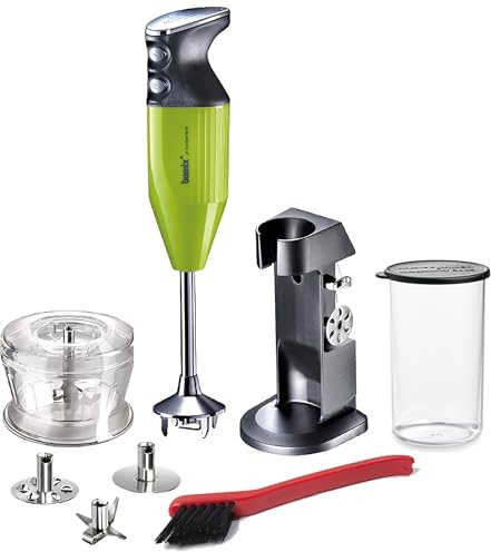 bamix Set mixeur plongeant M200 Chef’s favorite avec support, récipient, 3 embouts, hachoir, brosse de nettoyage, 200 W, Fabriqué en Suisse, Citron vert/chrome