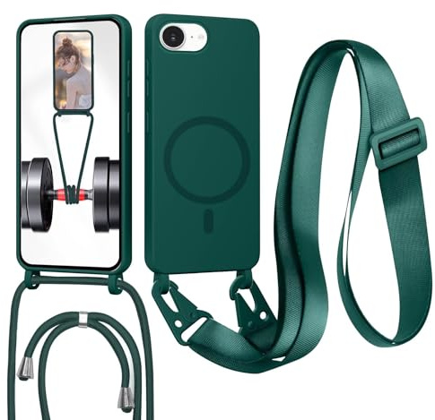 GoodcAcy Fodral för iPhone 16E/17E med dragsko, (kompatibel med MagSafe) fodral med halsband - silikonskydd med justerbar kedja för iPhone 17E, axelrem - grön