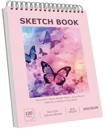 Soucolor 9 x 12 Cute Sketch Book, Aesthetic Cute Preppy Stuff School Supplies, 1-Pack 100 Sheets Spiral Bound Girls Sketchbook, (68lb/100gsm) Acid Free Drawing Book Paper Sketching Pad