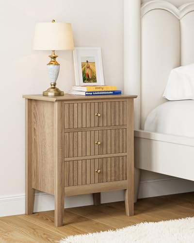 Apetaccat Fluted Nightstand, Farmhouse Night Stand with 3 Drawers, Mid Century Modern Side Accent Table,Bedside End Table for Bedroom, Living Room, Natural