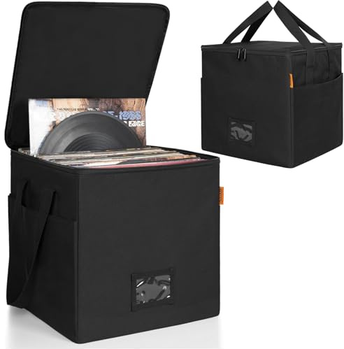 OUUTMEE Caja de almacenamiento de vinilo con cremalleras, Negro , Groß - 34 cm L x 34 cm W x 34 cm H, Maletín de placas