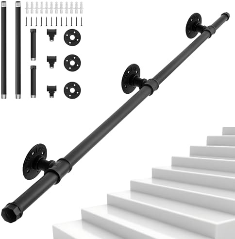 OUUTMEE 2M Main Courante pour Escalier, Rampe d'Escalier Murale en Tube Industriel, Main Courante en Fer pour Escaliers Intérieurs et Extérieurs Loft Porche, Capacité de Charge 150KG (Noir)