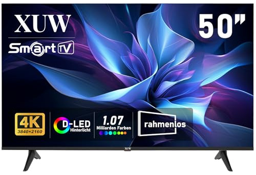 XUW 50 Zoll UHD 4K Smart TV, D-LED-Hintergrundbeleuchtung Fernseher, randloses Design, HDMI USB DVB-T2/S2 RJ45 Anschluss, großer Bildschirm für Wohnzimmer, Schlafzimmer, Home Entertainment - schwarz