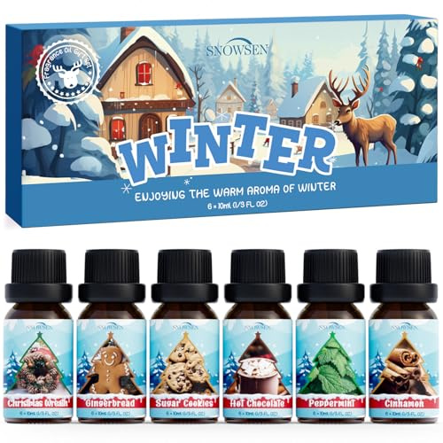 SNOWSEN Winterzeit Ätherische Öle Set, 6 x 10 ml Aromatherapie Ätherische Öle für Diffuser, Diffuser Öl, Seifenduftöl - Weihnachtskranz, Lebkuchen, Zuckerkekse, heiße Schokolade, Pfefferminze, Zimt