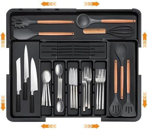 Organizador Cubiertos, Cuberteros para Cajon Cocina Extensible, Organizador Cajones Cocina de Utensilios, Cubertero Cajon, Plástico Organizador Cocina para Cucharas Tenedores Cuchillos Grandes Negros