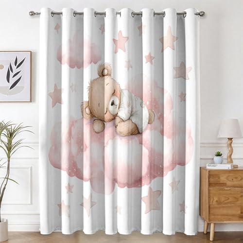 Generico Tende per Interni Orso Acquerello, Tenda Oscurante Nuvola Rosa per Bambine Camera da Letto Soggiorno Finestra Casa 2 Pezzi, con Anelli, L 75 x A 166 cm s15