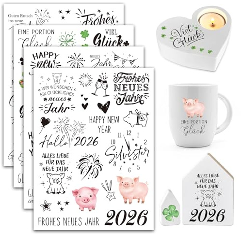 BOFUNX 4 Blätter Rub On Sticker Neujahr Transferaufkleber Folie für Weihnachten Neujahr Silvester Glück Geschenk Deko DIY Handwerk