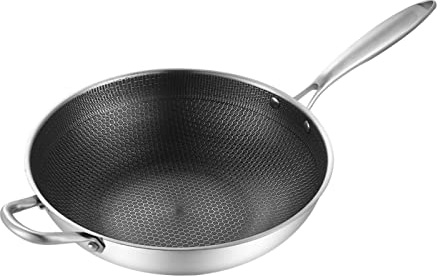 Fyearfly Padella wok in acciaio inox, 32 cm, antiaderente, facile da pulire, design a nido d'ape su entrambi i lati