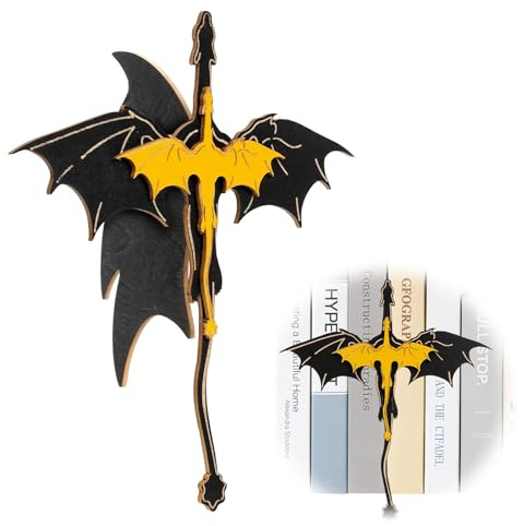 Holzene Drachen-Buchstütze, Bücherregal Deko, Bookshelf Decoration, Bücher Deko, Buchstütze Drache, 20cm Lang, Boxholz, Schwarz-Gelbe Maserung, Für Home & Office