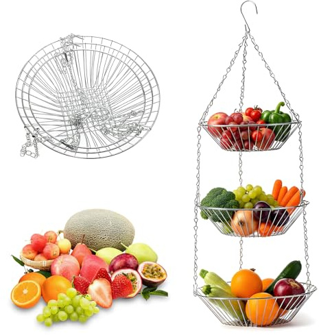 Aohyue Metall Hängender Obstkorb mit Haken, H x D: 74 x 28 cm, Edelstahl Hängender Obstkorb, Obstschale, Ideal zur Aufbewahrung von Obst, Gemüse, Brot und Lebensmitteln, Silber