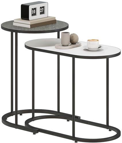 HOMCOM Set di 2 Tavolini da Salotto Impilabili Bassi Grigio e Bianco
